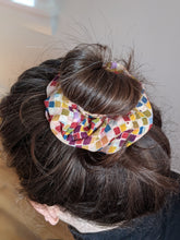 Load image into Gallery viewer, colourful scrunchie worn on a hair bun