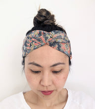 Load image into Gallery viewer, Silk Turban Headband - Navy with colourful flowers