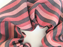 Load image into Gallery viewer, close up of pink red black stripe scrunchie
