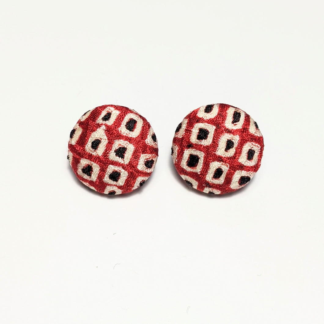 Shibori Button Earring - red