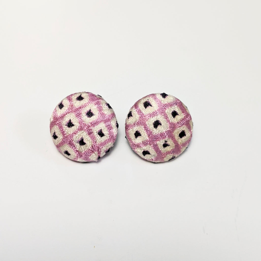 Shibori Button Earring - pink and dark purple