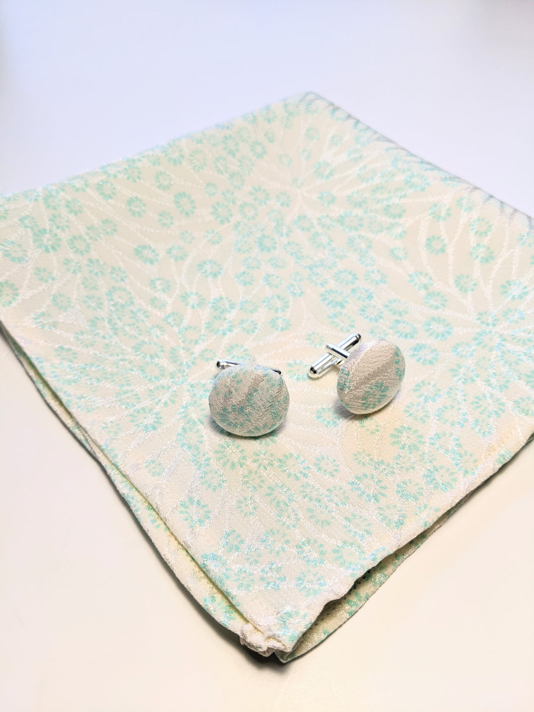 Cufflinks and Pocket Square - White with turquoise flowers