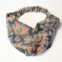 Load image into Gallery viewer, Silk Turban Headband - Navy with colourful flowers
