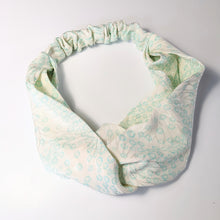 Load image into Gallery viewer, Silk Turban Headband - White with tiffany blue flowers
