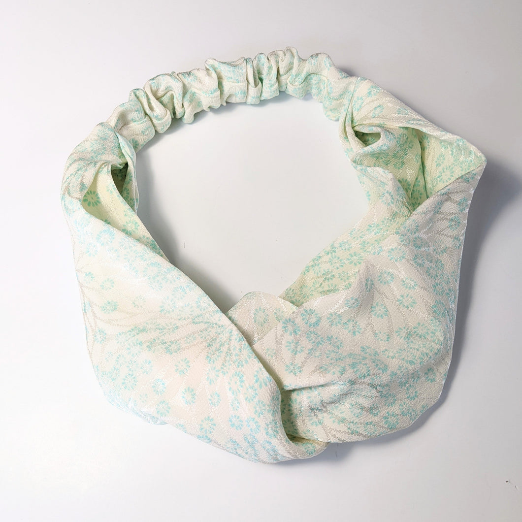 Silk Turban Headband - White with tiffany blue flowers