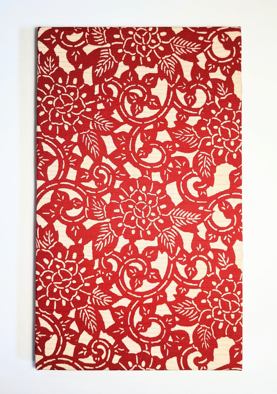 Red and white floral sarasa obi wall art