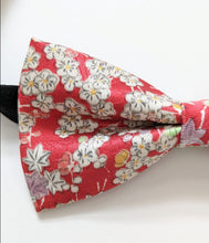 Load image into Gallery viewer, Silk Bow Tie - Plum blossoms in red
